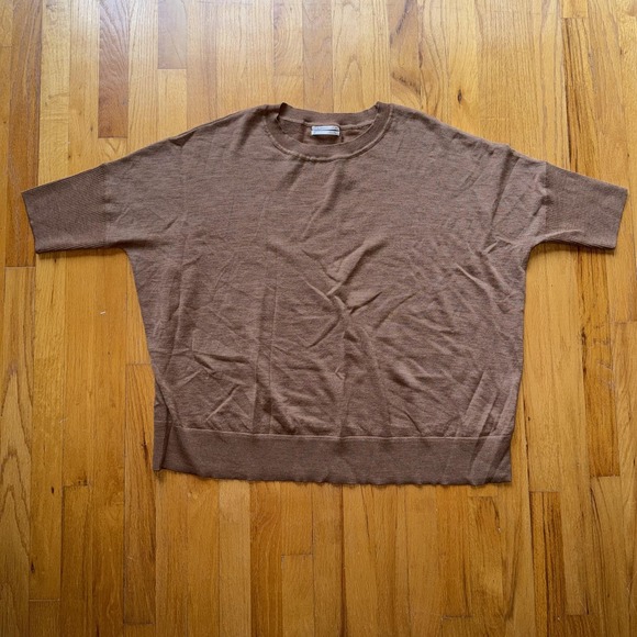 By Anthropologie Sweater Women's XL Brown Merino Wool Short Sleeve Boxy Pullover - Picture 4 of 9